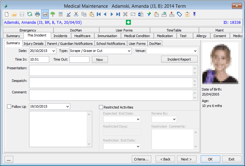 Medical Maintenance - This Incident tab