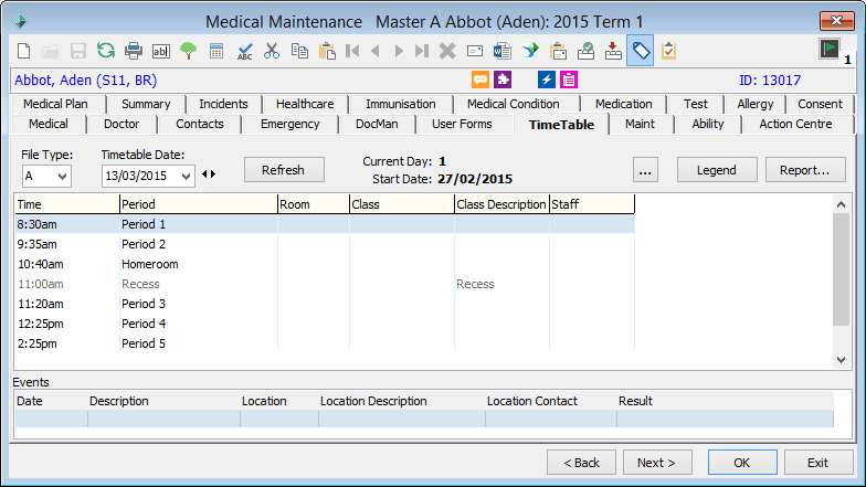 Medical Maintenance - Timetable tab