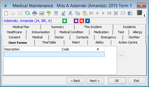 Medical maintenance - UserForm tab