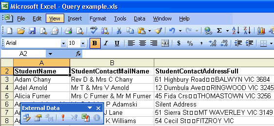 Microsoft Excel (Query example, direct)