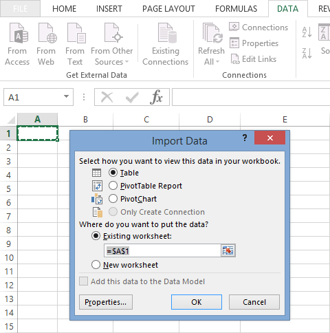 Microsoft Excel - Import Data window