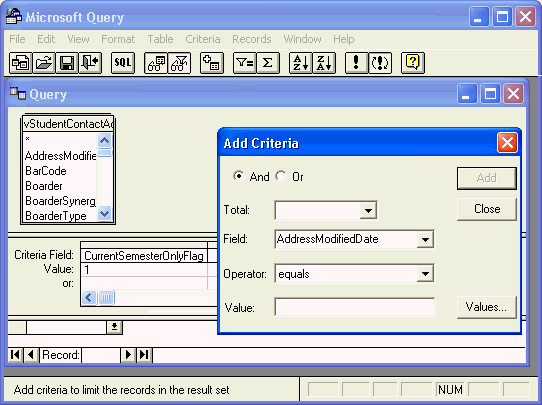 Microsoft Query - Add Criteria window