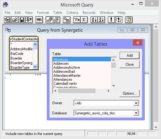 Microsoft Query - Add Tables window