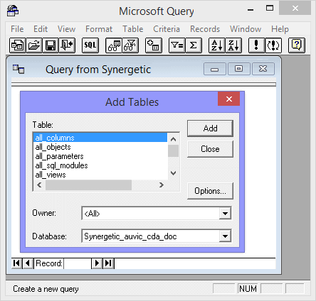 Microsoft Query - Add Tables window