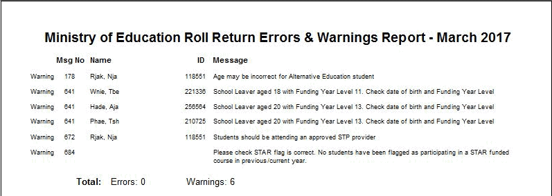 Ministry of Education Roll Return Errors and warnings report