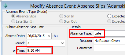 Modify Absence Event window (cut down)