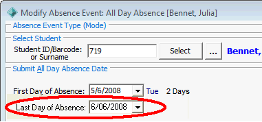 Create Absence Event window (Last Day of Absence highlighted)