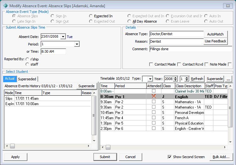 modify absence event - attendance officer example