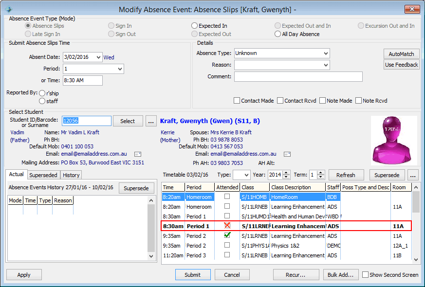 Modify absence event - correction example (2)