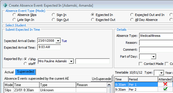 Modify Absence Event - Superseded tab (cut down)
