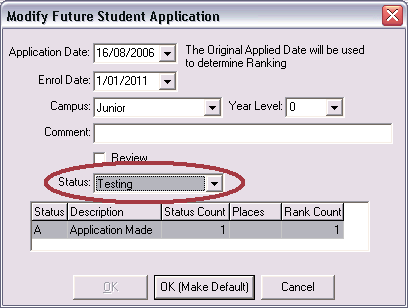 Modify Future Student Application window