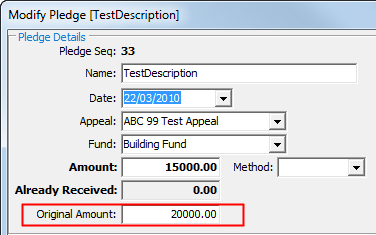 Modify Pledge window (cutdown, original amount highlighted)