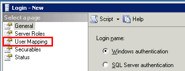 MS SQL Studio Security Login New User Mapping