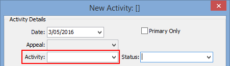 New Activity window (Activity field highlighted)