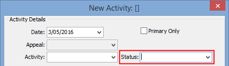 New Activity window (Status field highlighted)