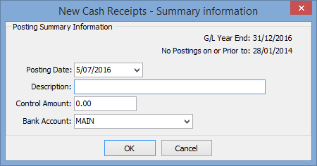 New Cash Receipts - Summary Information window
