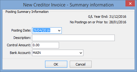 New Creditor Invoice  - Summary Information window