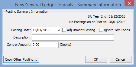 New General Ledger Journals - Summary information window