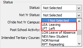 Next Year status drop-down list (left or leaving highlighted