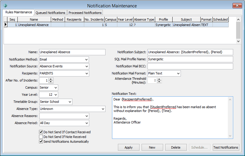 Notification Maintenance - Rules Maintenance tab