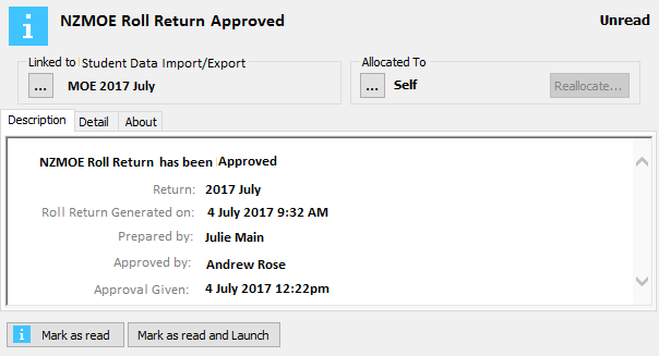 NZMOE Roll Return Approved Action Centre message