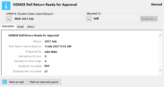 NZMOE Roll Return Ready for Approval (Action Centre message)