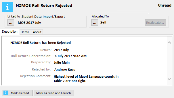 NZMOE Roll Return Rejected Action Centre message