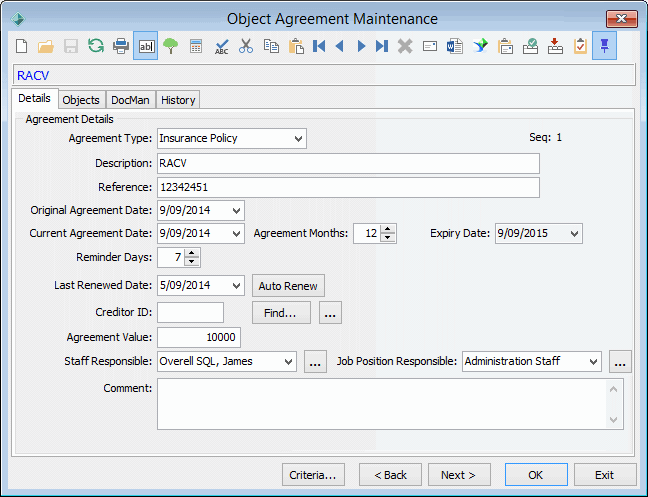 Object Agreement Maintenance - Details tab