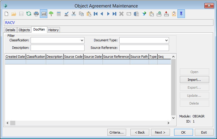 Object Agreement Maintenance - DocMan tab