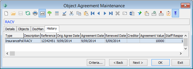 Object Agreement Maintenance - History tab