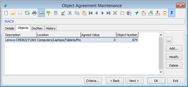 Object Agreement Maintenance - Objects tab