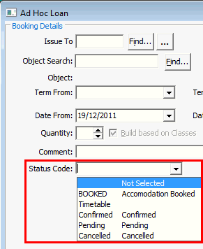 Object Booking window (Status Code field)