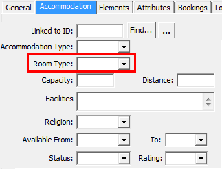 Object Maintenance - Accommodation tab (cut down, room type highlighted)