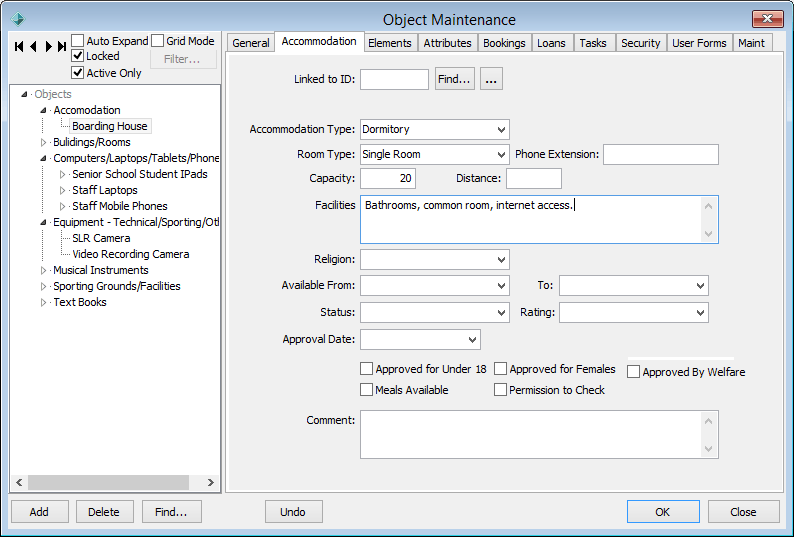 Object Maintenance - Accommodation tab