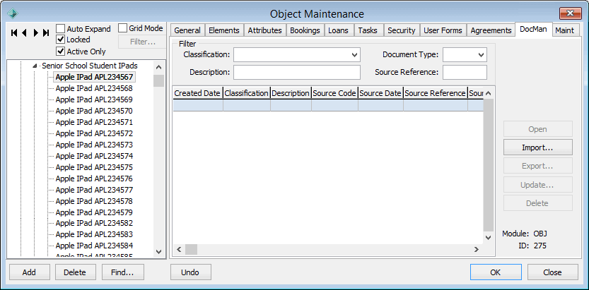 Object Maintenance - DocMan tab