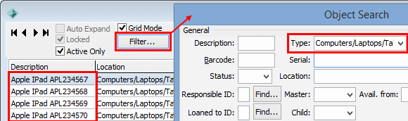 Object Maintenance - Filter button example