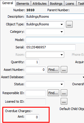 Object Maintenance - General tab (cut down, overdue charge highlighted)