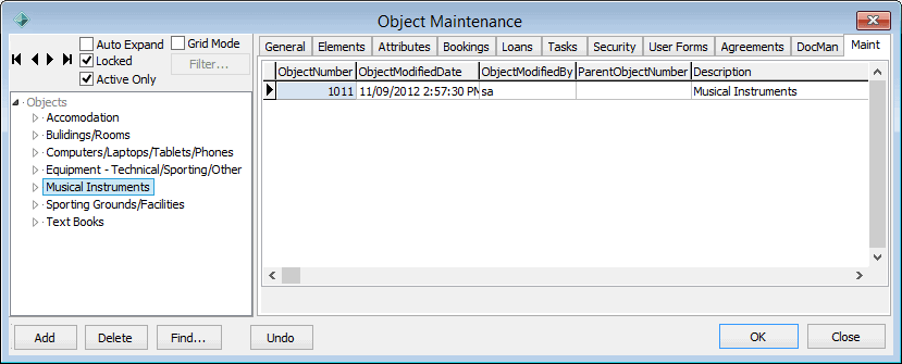 Object Maintenance - Maint tab