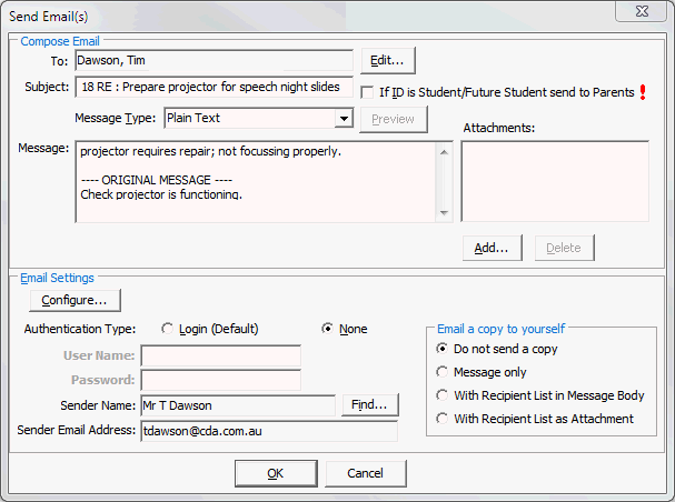 Object Tasks Send Email window