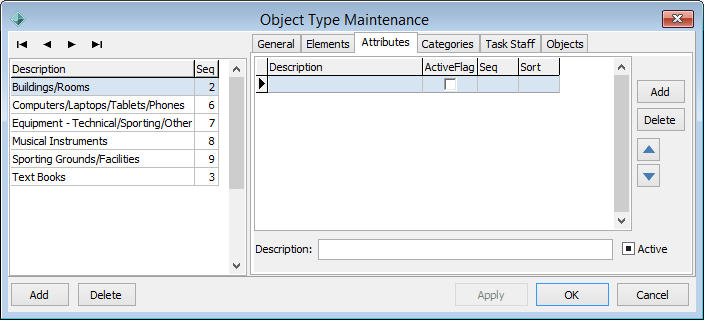 Object Type Maintenance - Attributes tab