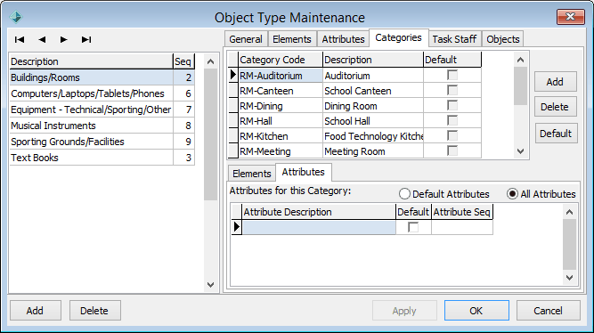 Object Type Maintenance - Categories tab - Attributes sub-tab