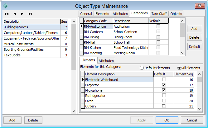 Object Type Maintenance - Categories tab - Elements sub-tab