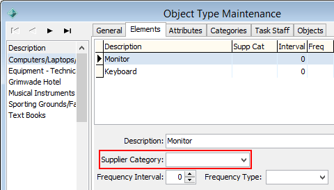 Object Type Maintenance - Elements tab (Supplier Category field)