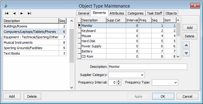 Object Type Maintenance - Elements tab