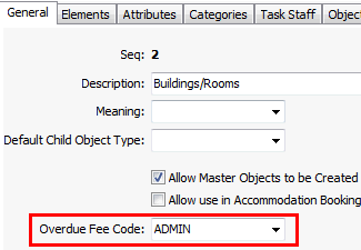 Object Type Maintenance - General tab (cut down, fee code highlighted)