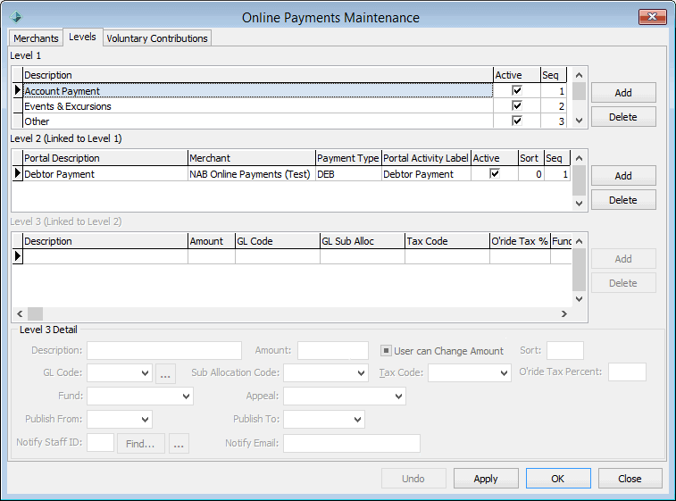 Online Payments Maintenance - Levels tab