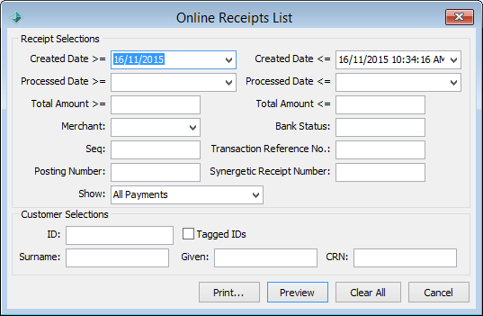 Online Receipts List window