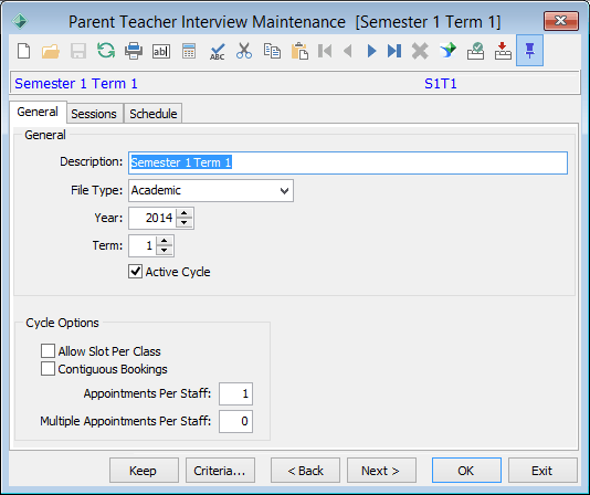 Parent Teacher Interview Maintenance - General tab