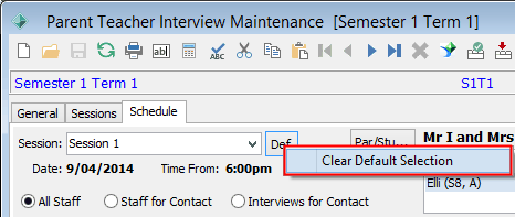 Parent Teacher Interview Maintenance - Schedule tab (Clear Default Selection cutdown)