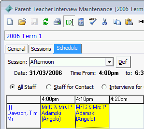 Parent Teacher Interview Maintenance - Schedule tab (contiguous booking, cut down)